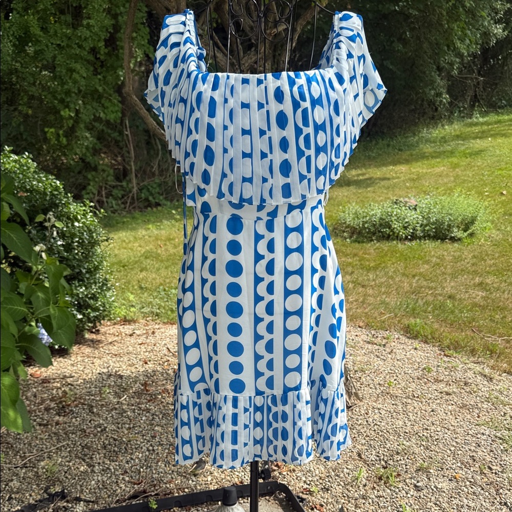 Parker Greek blue and white circle ruffle off the shoulder dress
